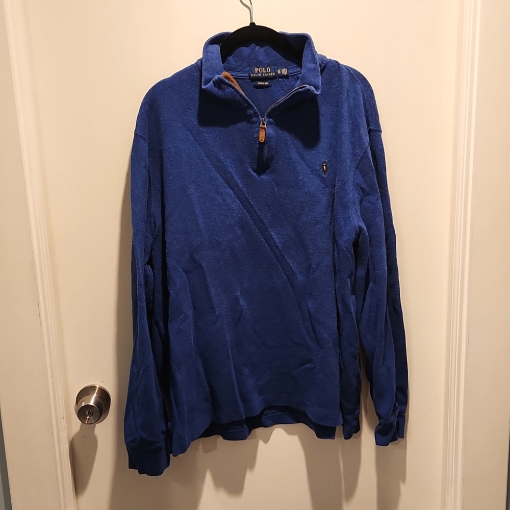 POLO Ralph Lauren estate rib pullover with faux leather zipper accents, XL, blue